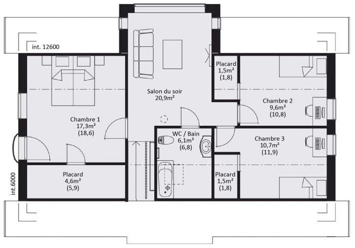 plan de maison 2 chambres salon + cuisine 3d