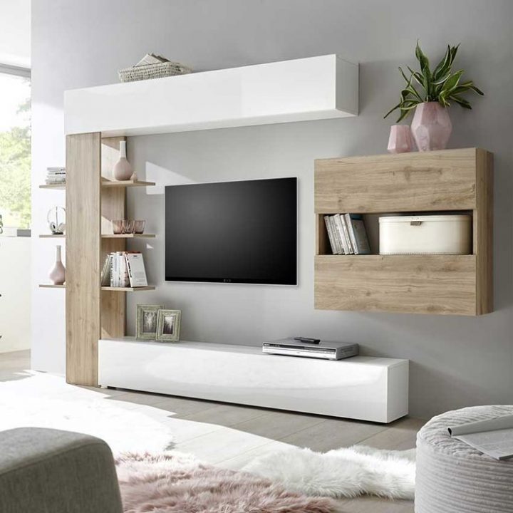 meuble tv blanc et bois suspendu