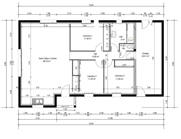 plan maison 3 chambres 100m2