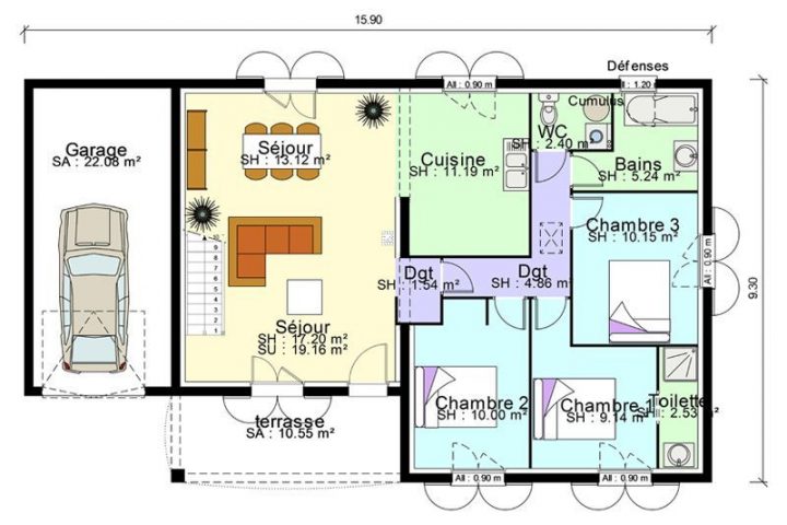 plan maison 90m2 plain-pied 3 chambres avec garage