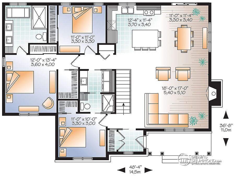 plan de maison 2 chambres salon cuisine 3d
