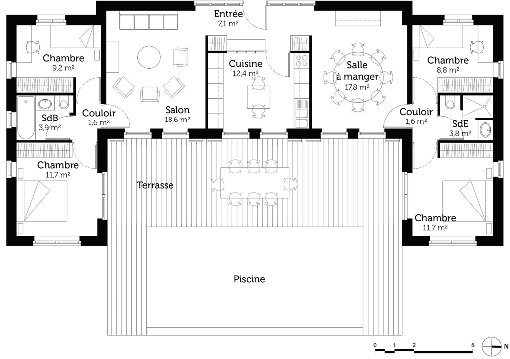 plan maison en u 3 chambres