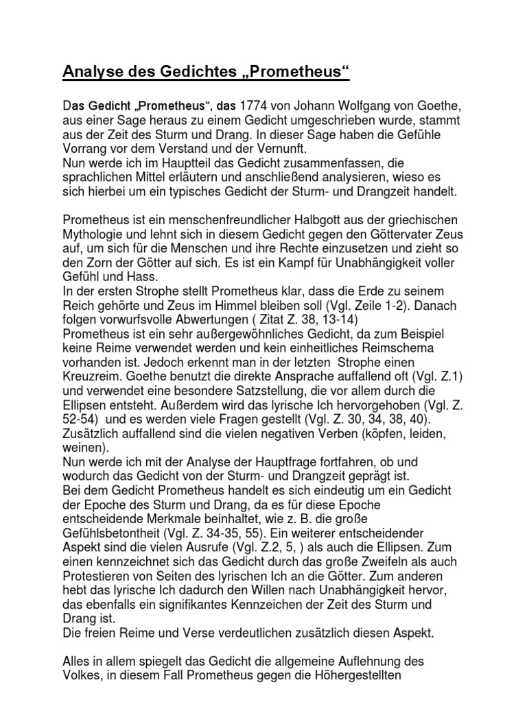prometheus johann wolfgang von goethe analyse