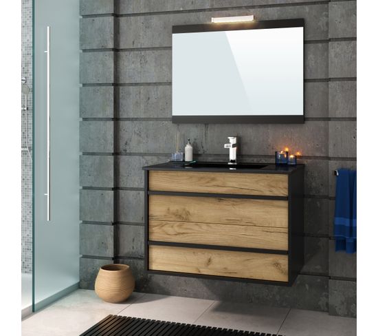meuble salle de bain bois et noir 80 cm