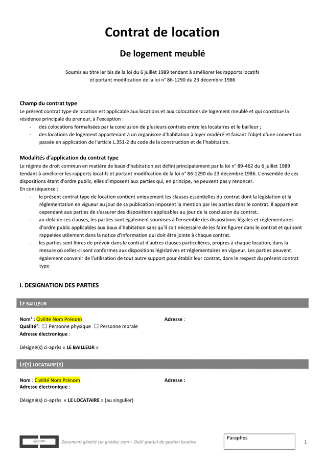 contrat de location meuble contrat de location meuble