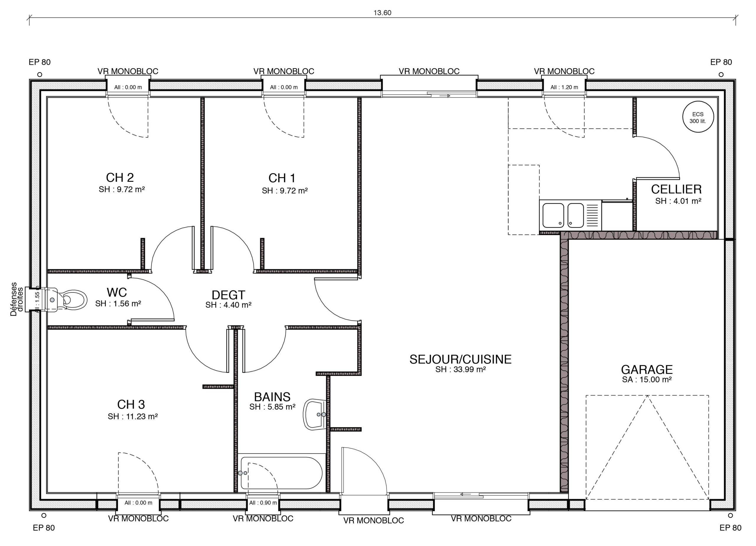 plan de maison 2 chambres salon + cuisine simple