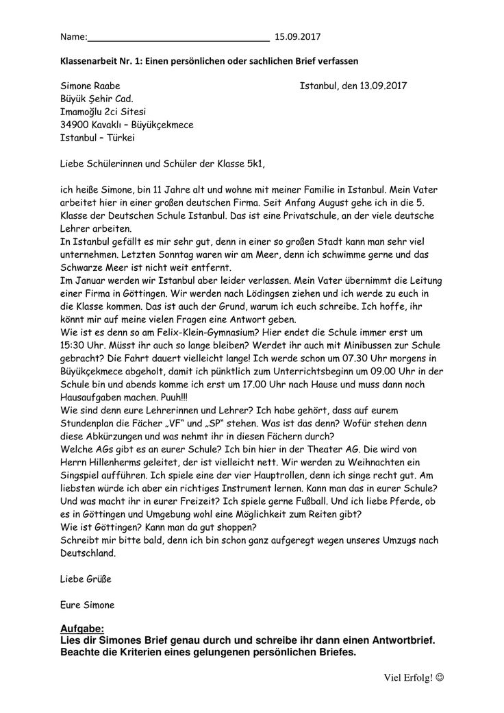 brief schreiben 5 klasse gymnasium klassenarbeit