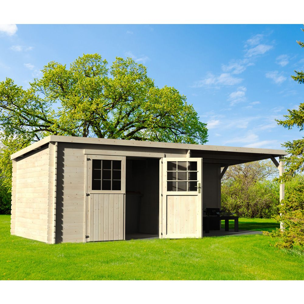 Abri De Jardin Bois Toit Plat + Auvent 18,31 M² Ep. 28 Mm tout Abri De Jardin 18M2
