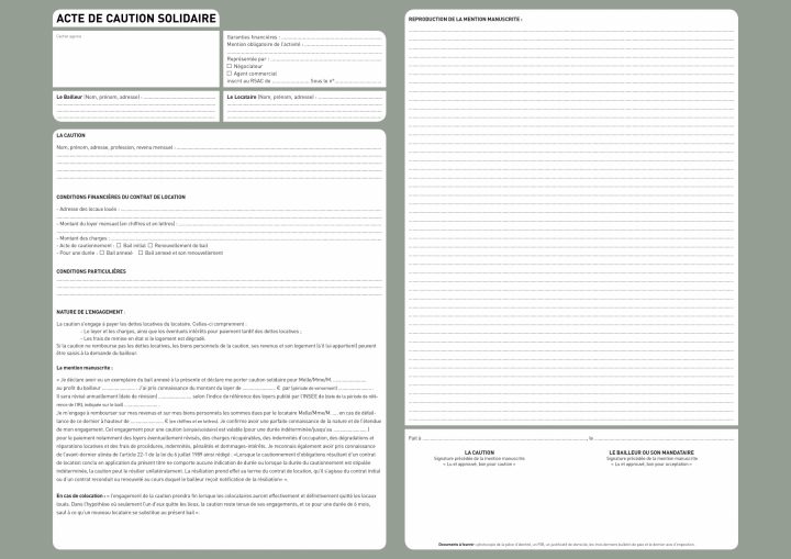 Acte De Caution Solidaire Duplicata Autocopiant à Caution Pour Un Meublé