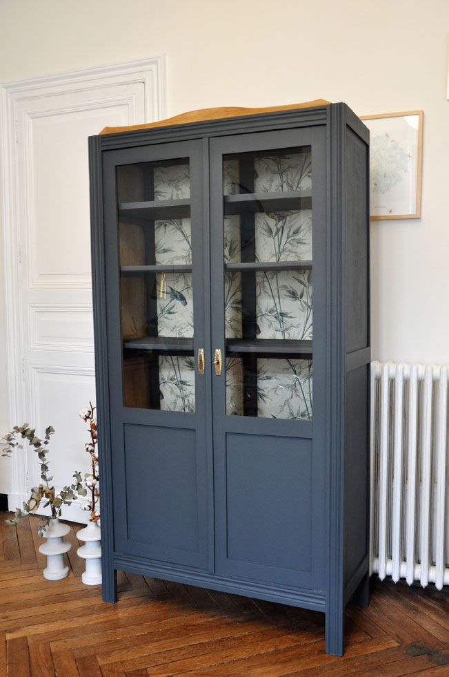 Armoire Parisienne Vitrée Gris Bleu | Armoire Parisienne destiné Meuble De Vitrine