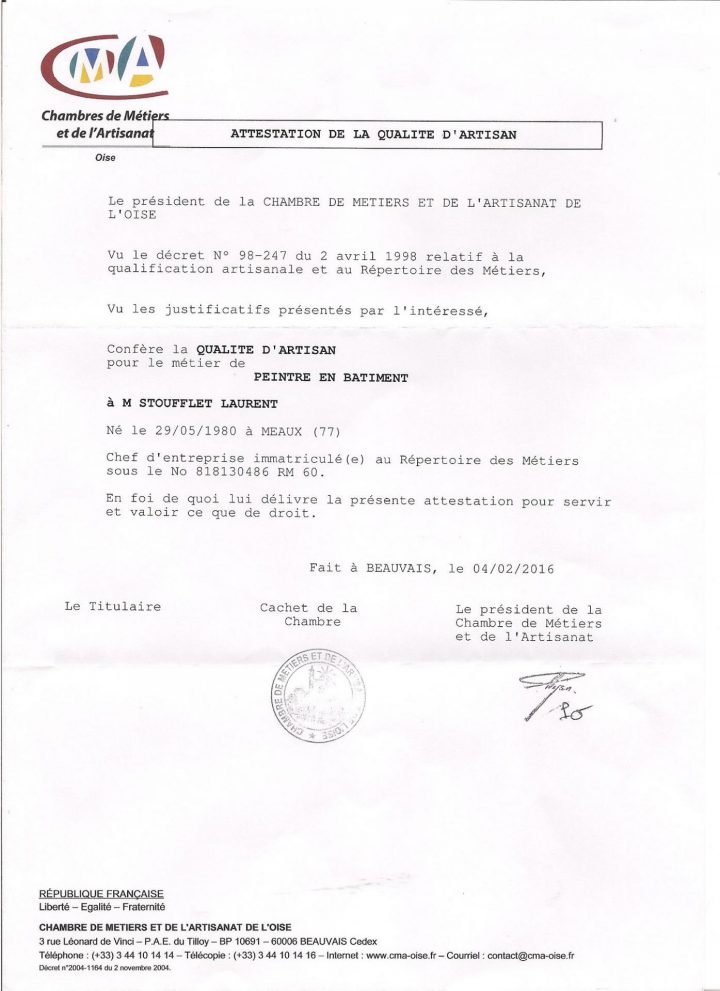 Attestations De La Qualité D'Artisan Et Garanties avec Chambre Des Metiers Chambery