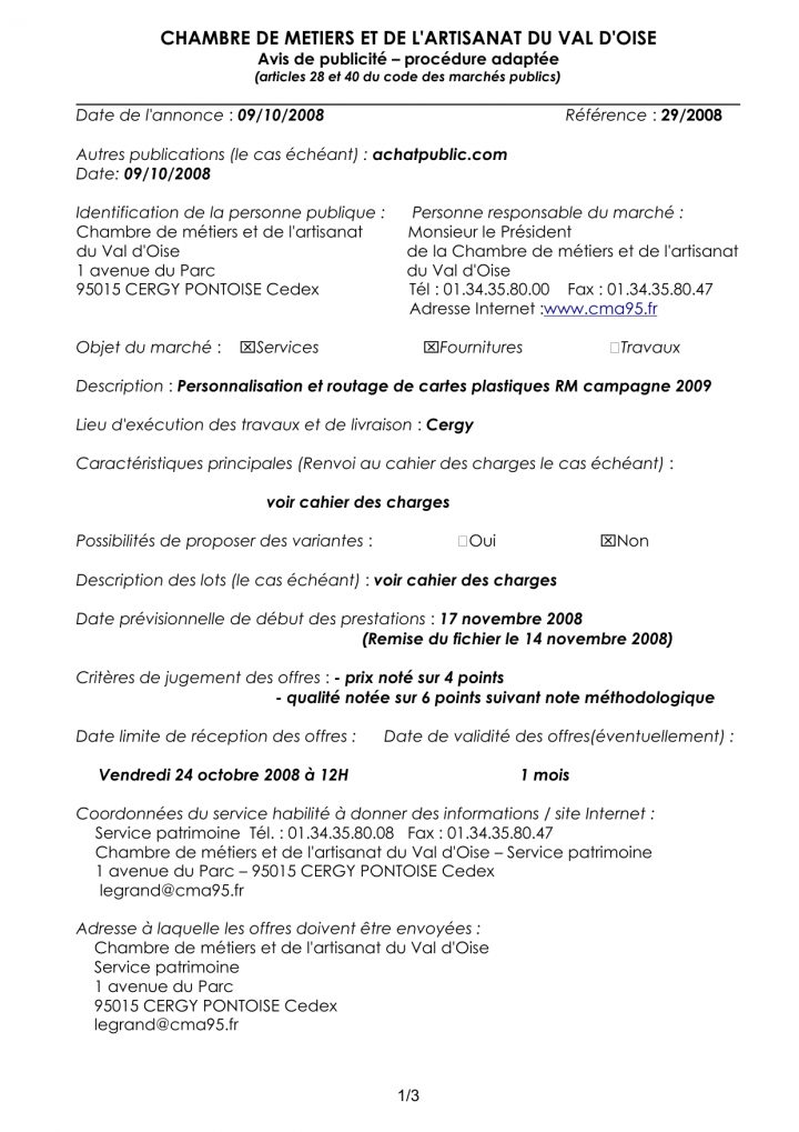Avis De Publicité Et Cahier Des Charges concernant Chambre Des Métiers Du Val D Oise