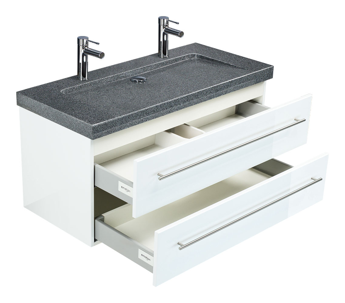 Badmöbel Granit G654 Damo 100 2 Hahnlöcher Weiß Hochglanz &amp; Led Spiegel 100  Cm serapportantà Vasque 100 Cm 2 Robinets