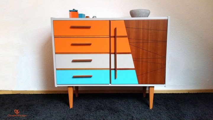 Bahut Vintage En Teck Années 60, Gris Orange Et Bleu tout Meuble Année 60