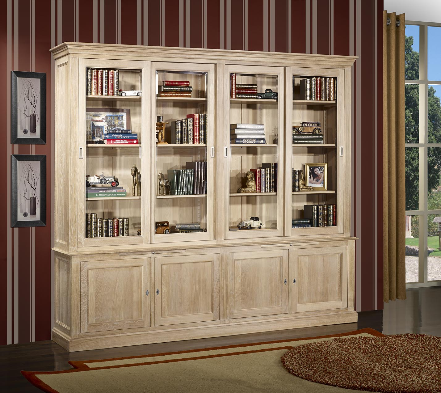 Bibliothèque 2 Corps 4 Portes Coulissantes Damien, Réalisée En Chêne Massif  De Style Directoire Finition Chêne Brossé Blanchi tout Meuble Bas Bibliothèque