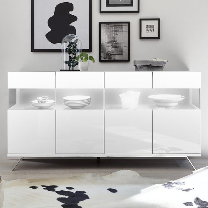 Buffet 180 Cm Avec Led Design Blanc Laqué Rosini 2 tout Buffet De Salle A Manger Laque Blanc