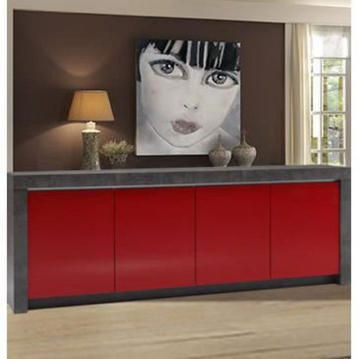 Buffet Bahut Effet Béton Ciré Gris Et Rouge Laqué Contemporain Murilo 3  L258 X P46 X H92 Cm – Taille : L258 X P46 X H92 Cm dedans Buffet Salle À Manger Pas Cher