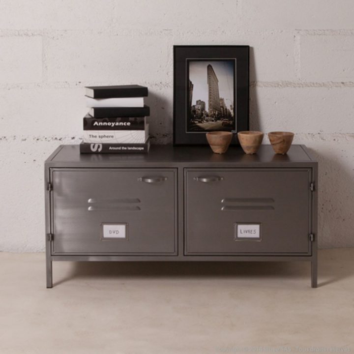 Buffet Bas Meuble Tv En Métal Gris 2 Portes Casiers Style avec Meuble Tv Métallique