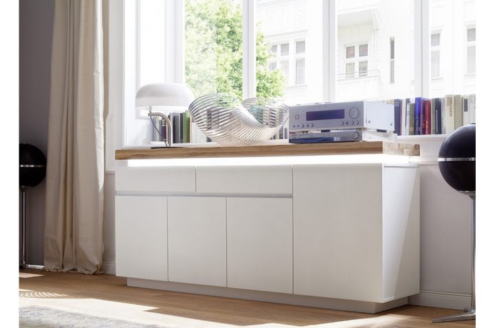 Buffet Design Laqué Blanc Mat Et Chêne À Led – Cbc-Meubles tout Buffet De Salle A Manger Laque Blanc