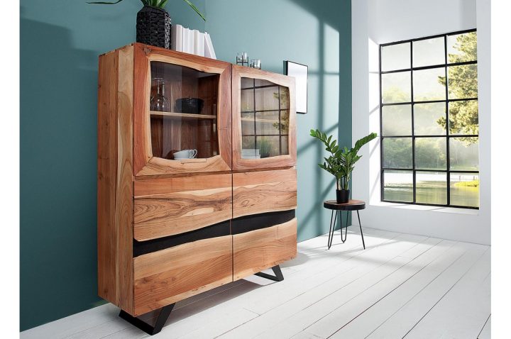 Buffet Haut Vitré, Bois Massif Et Métal Noir Pour Salle À concernant Buffet Salle A Manger