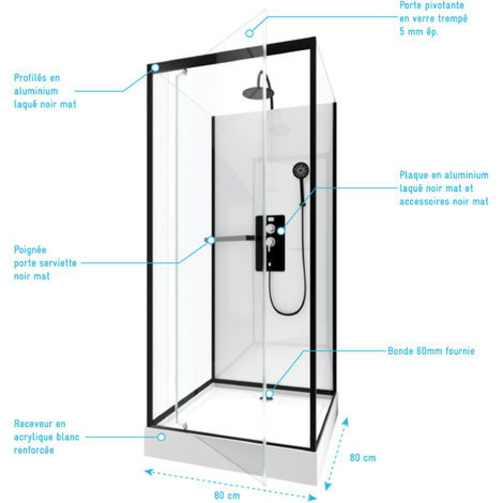 Cabine De Douche - City - Rectangles - Porte Pivotante - 3 Dimensions  Aurlane dedans Dimension Cabine De Douche