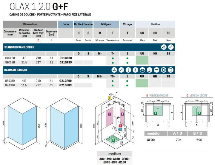 Cabine De Douche Glax 1 2.0 G+F, Dimension En 80X80 Cm À Une encequiconcerne Dimension Cabine De Douche