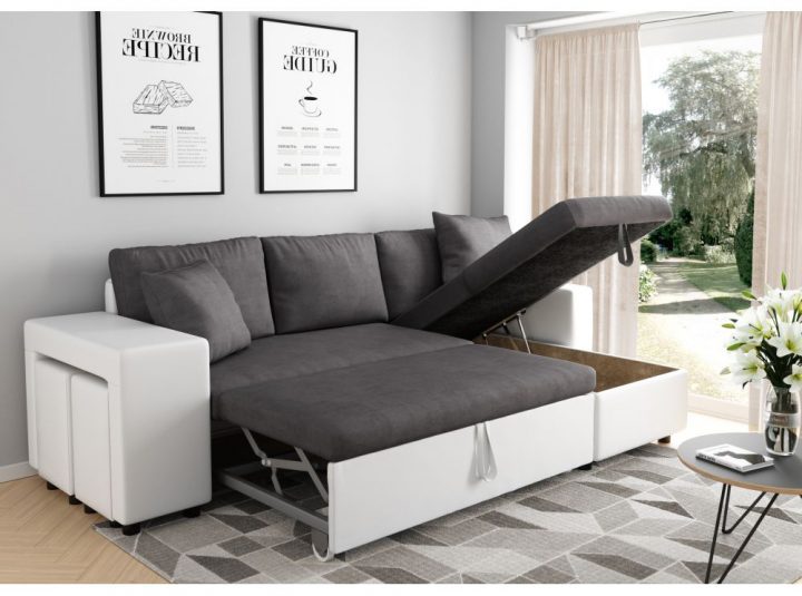 Canapé D'Angle Convertible En Lit Avec Poufs Oslo Gris Blanc pour Belhome Canapé