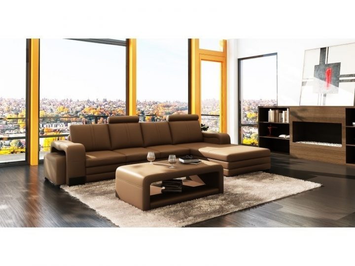 Canapé D'Angle Méridienne Maron Design En Cuir Havane destiné Canape Convertible Maron Vieilli