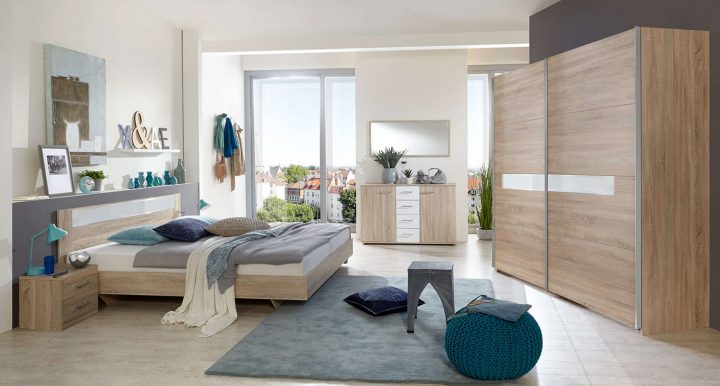 Chambre À Coucher Complète, Imitation Chêne, Rechampis Verre Blanc + Chrome  – 180X200 Cm à Chambre À Coucher But