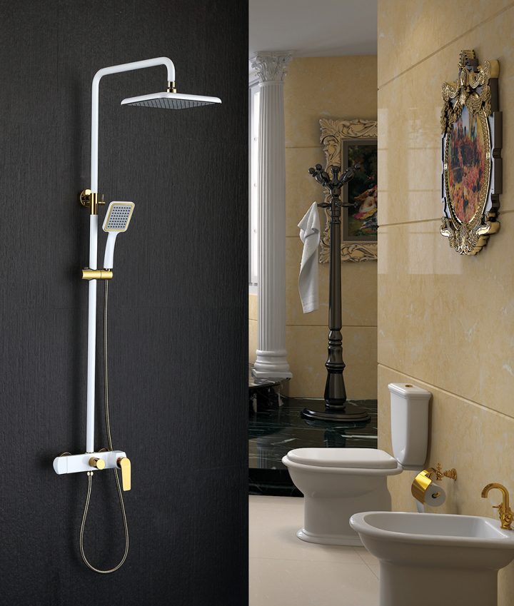 Colonne De Douche Blanc 3 Trous Poignée D'or Pomme De Douche pour Colonne De Douche Blanche