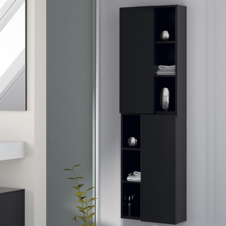 Colonne Suspendue Laquée Noir 160 Cm 2 Portes + Niches, Moden à Colonne Salle De Bain Suspendu