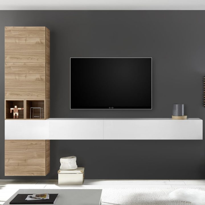 Composition Murale Tv Couleur Chêne Et Blanc Laqué Oriago dedans Meuble Tv Suspendu Blanc Laqué