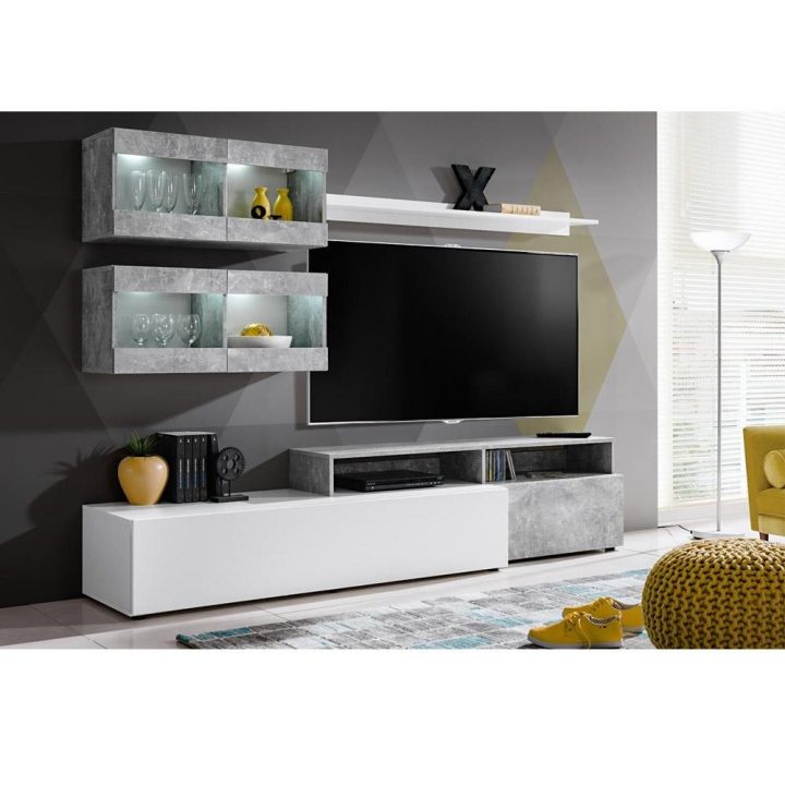 Composizione Soggiorno Mobile Porta Tv Bianco E Cemento Piero tout Meuble Tv Sono