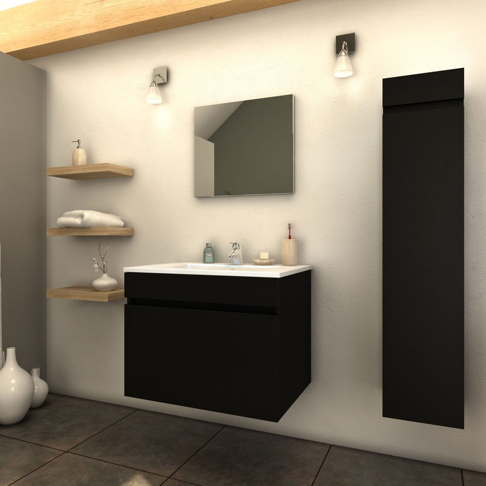 Ensemble Meuble 60 Cm + 1 Colonne + 1 Vasque Laqué Noir Mat - Clark encequiconcerne Meuble Salle De Bain Noir Laqué