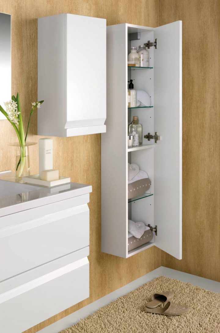 Ensemble Meuble Salle De Bain Solco2 80 Cm En Finition Blanc Avec Miroir.  Spot Led Et Colonne De Rangement concernant Colonne Salle De Bain Suspendu