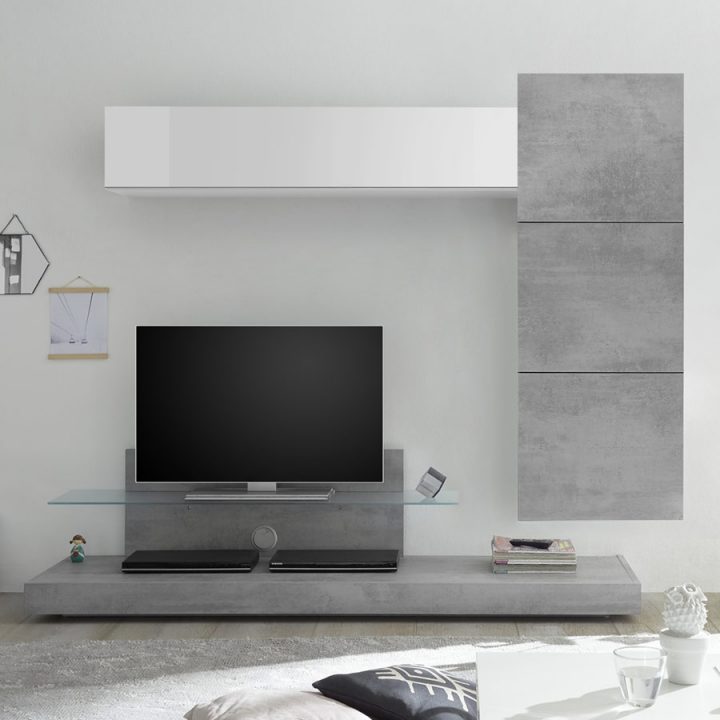 Ensemble Meuble Tele Gris Béton Et Blanc Laqué Cerano dedans Meuble Tv Fixé Au Mur