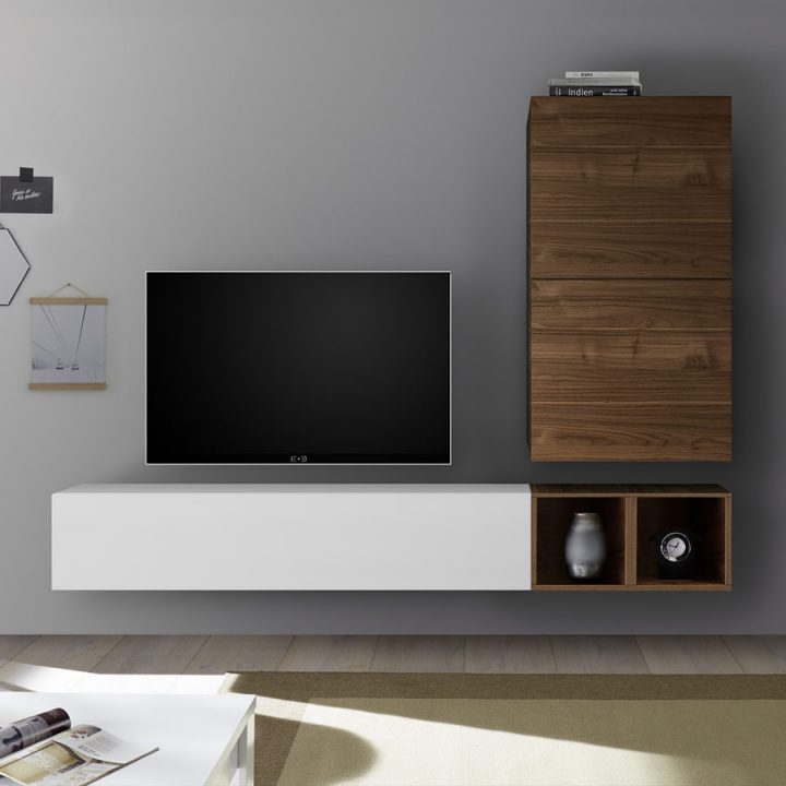 Ensemble Meuble Tv Blanc Laqué Et Couleur Noyer Soleto destiné Meuble Tv Fixé Au Mur