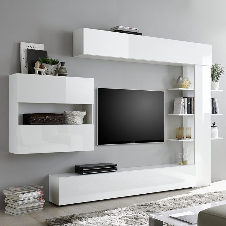 Ensemble Meubles Tv Blanc Laqué Design Fino serapportantà Meuble Tv Suspendu Blanc Laqué
