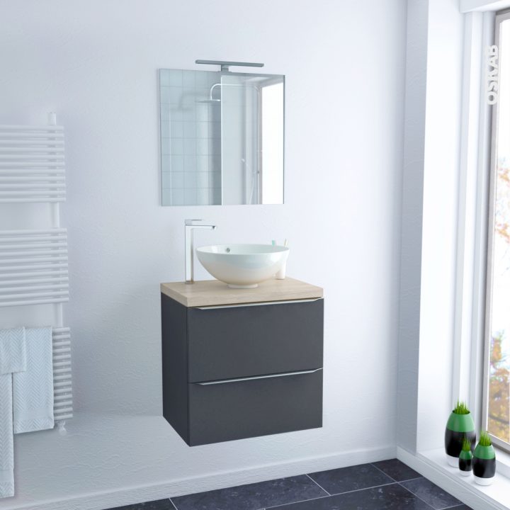 Ensemble Salle De Bains Meuble Ginko Gris Plan De Toilette Chêne Clair Ikoro, Vasque Bol, Miroir Et Éclairage, L60 X H57 X P40 Cm destiné Meuble Salle De Bain 110 Cm Ensemble Salle De Bains Meuble Ginko Gris Plan De Toilette Chêne Clair Ikoro, Vasque Bol, Miroir Et Éclairage, L60 X H57 X P40 Cm destiné Meuble Salle De Bain 110 Cm