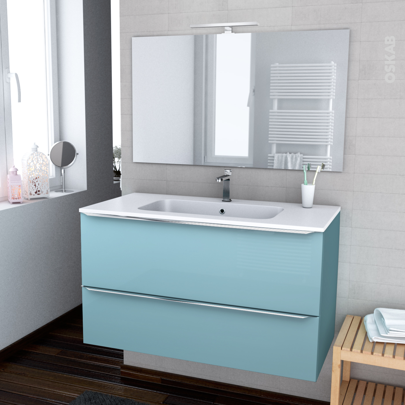 Ensemble Salle De Bains Meuble Keria Bleu Plan Vasque Résine, Miroir Et ...