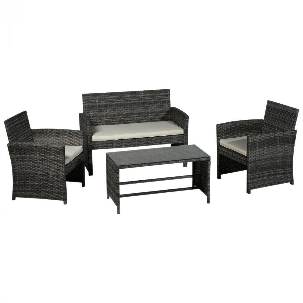 Ensemble Salon De Jardin 4 Places : Canapé, 2 Fauteuils Et Table Basse Plateau Verre Trempé Résine Tressée Imitation Rotin Gris Coussins Blanc tout Salon De Jardin Pas Cher Resine Tressée