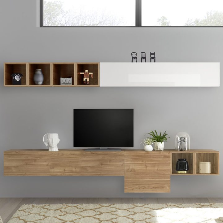 Ensemble Tv Blanc Laqué Et Couleur Chêne Manduria destiné Meuble Tv Couleur Chene