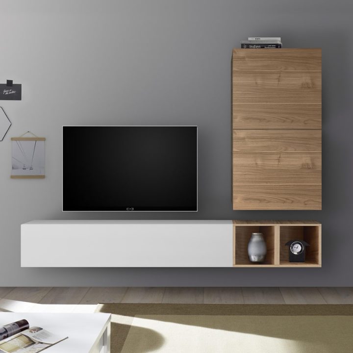 Ensemble Tv Blanc Laqué Et Couleur Chêne Soleto destiné Meuble Tv Suspendu Blanc Laqué