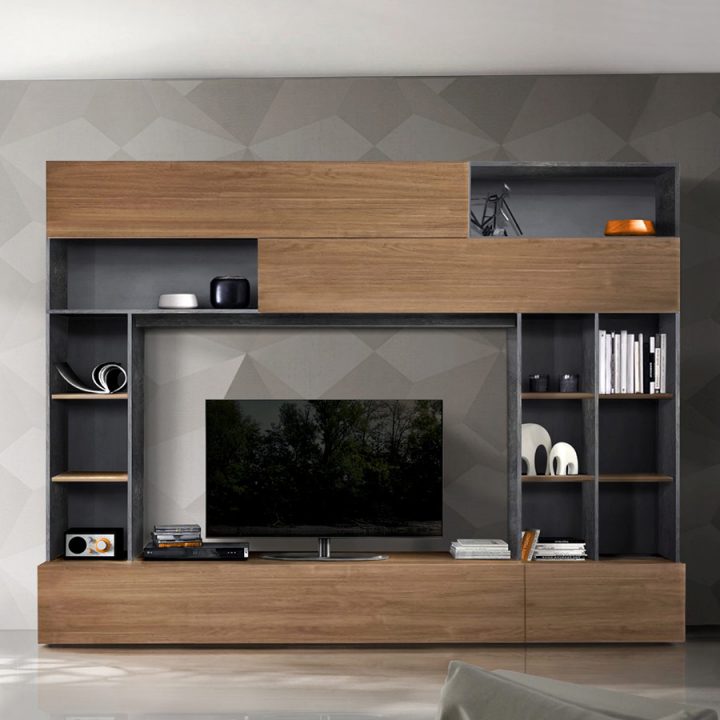Ensemble Tv Mural Couleur Noyer Et Gris Moderne Perdita pour Meuble Tv Fixé Au Mur