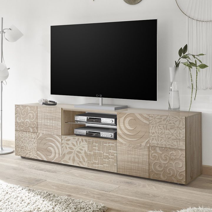 Grand Meuble Tv 180 Cm Contemporain Chêne Clair Elma 3 intérieur Meuble Tv Table Basse Assorti