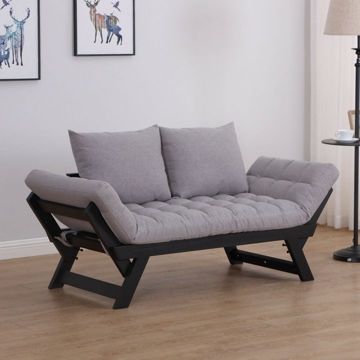 Homcom Sofa Bed Chaise Lounge Foldable Wood Pillow Linen tout Sofa
