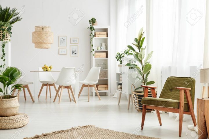 Intérieur De La Salle À Manger Botanique Avec Fauteuil Rétro, Lampe En  Rotin Au-Dessus De La Table, Chaises Blanches Et Beaucoup De Plantes pour Salle A Manger Retro