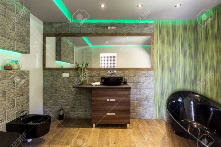 Intérieur De Salle De Bains Avec Baignoire Et Wc Noir Et Vert  Rétro-Éclairage De Plafond à Éclairage Plafond Salle De Bain