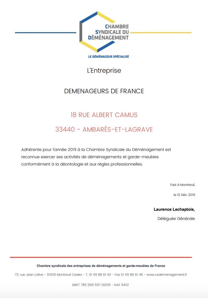 Les Actualités De Déménageurs De France À Ambarès-Et-Lagrave intérieur Chambre Syndicale Des Déménageurs