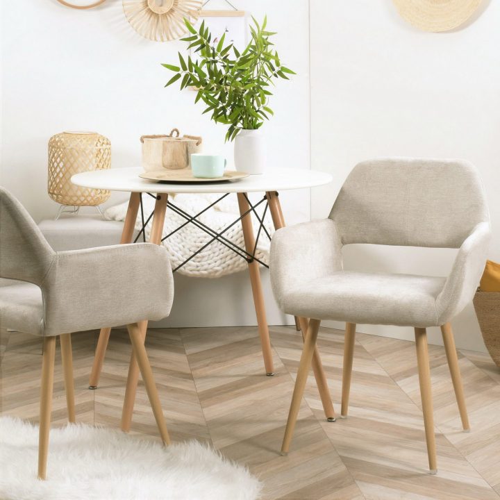 Lot De 2 Fauteuils Chaises – Finition Tissu Beige – Pieds Métal Look Bois –  Style Scandinave – Salle À Manger Bureau Salon Chambre à Soldes Chaises Salle A Manger